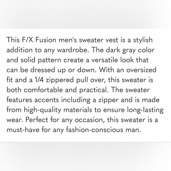 F/X Fusion Men's Chocolate Sweater Vest 1/4 Zippered Pull Over Size XXL - Picture 6 of 6